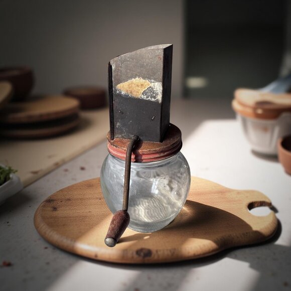 Vintage Nut Meat Chopper Jar – Hand-Crank Tin Hopper on Hazel-Atlas Glass 1930s - Picture 9 of 9